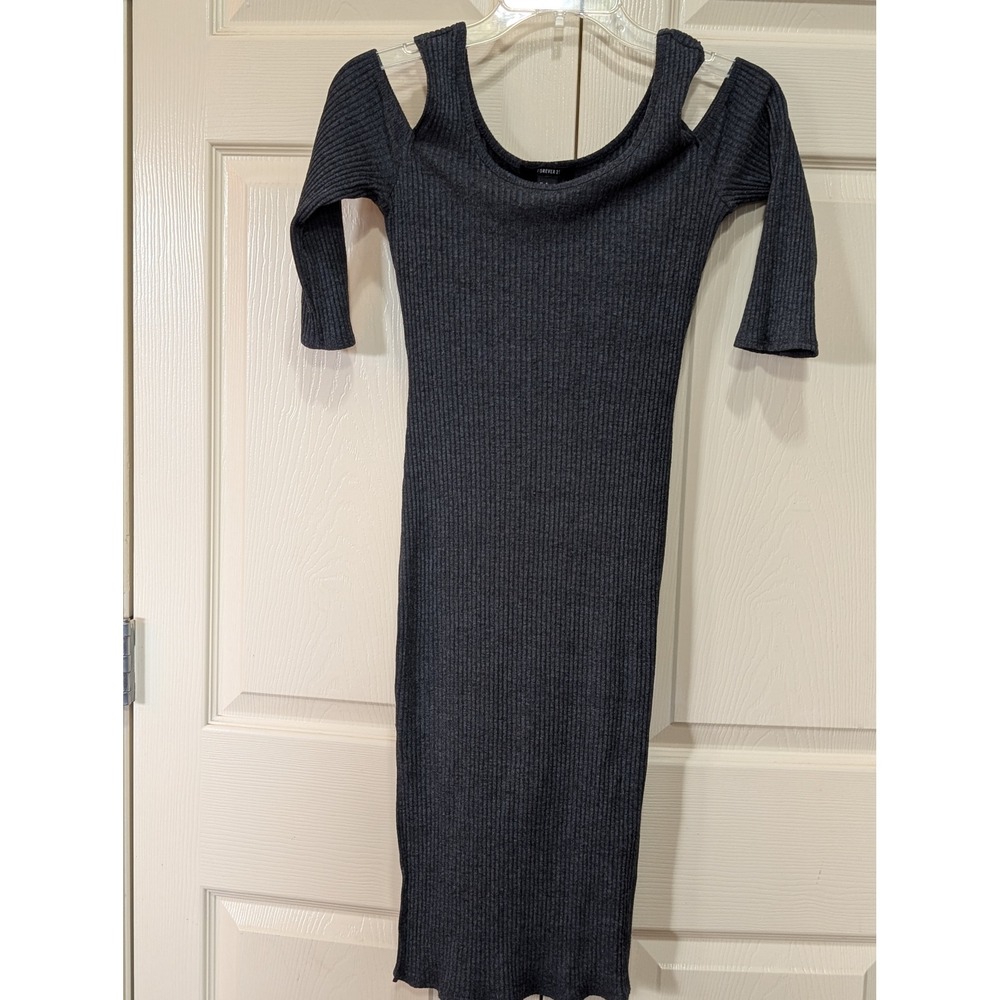 Forever 21 Charcoal Grey Ribbed Cold Shoulder Midi Dress Side Slit Small